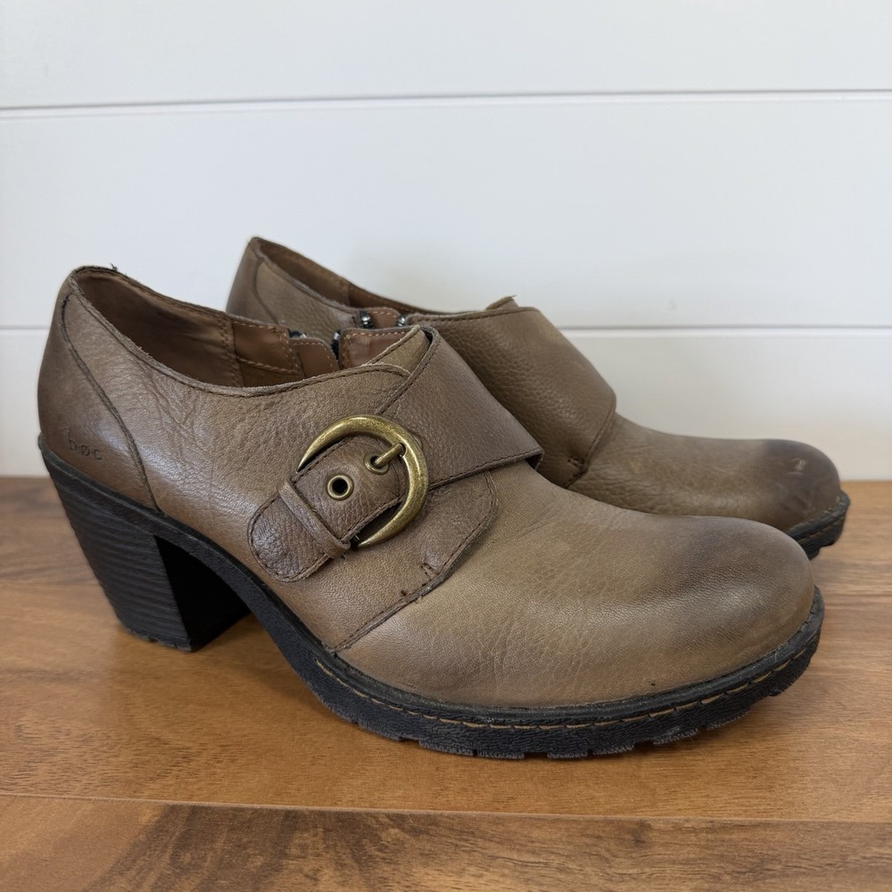 Born Tan Brown Leather Buckle Ankle Boots Size 10/42 Y2K Distressed Chunky